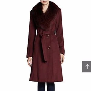 Black ELLEN TRACY REAL Fur-Collar Wool-blend Coat